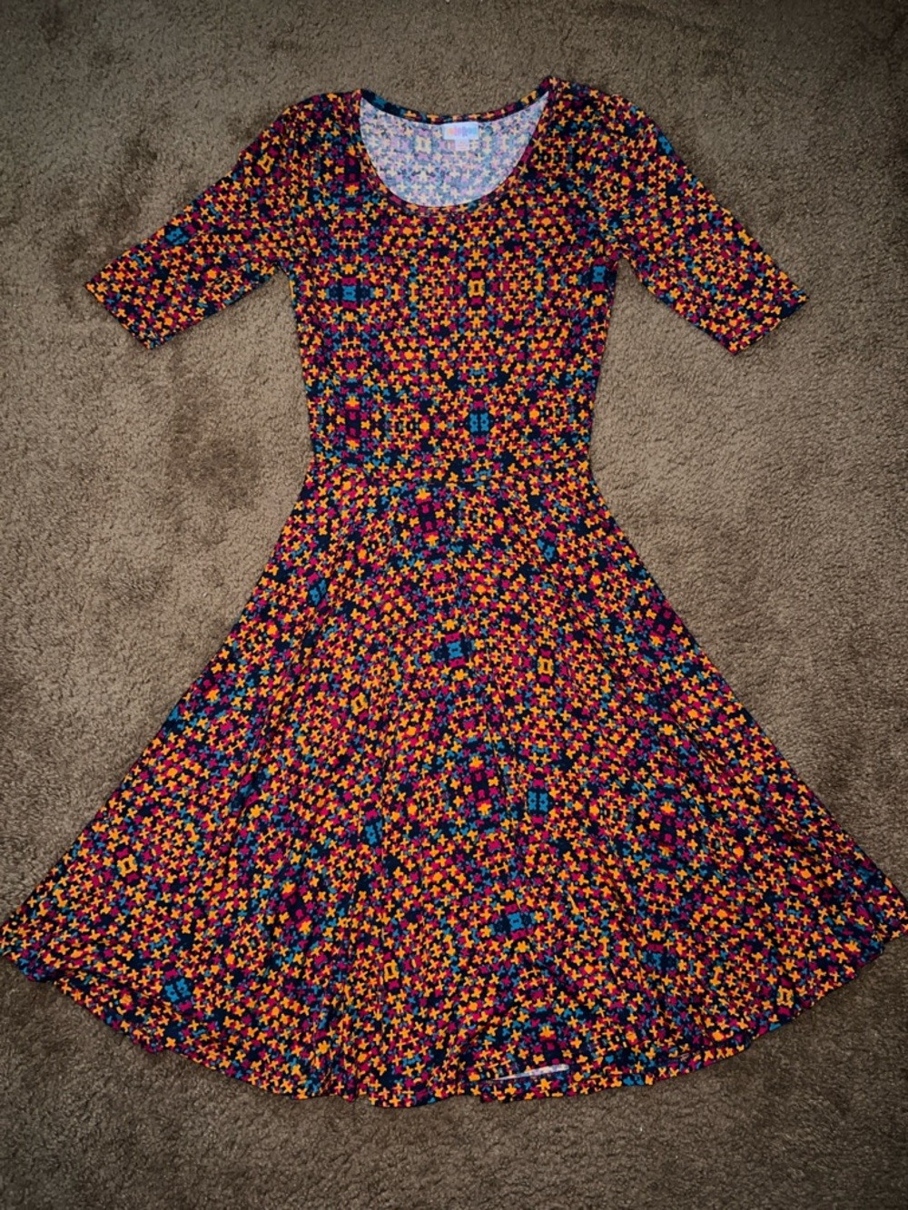 LuLaRoe Multicolor Floral Midi Dress in Purple, Yellow, Blue